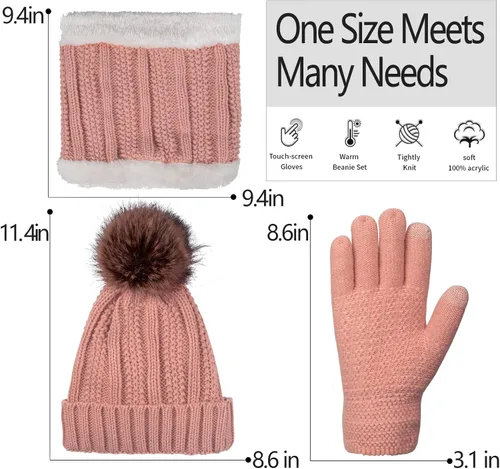Vista 6 de Conjunto de bufanda de invierno para mujer, gorro de forro polar, bufandas para pantalla táctil, 3 en 1