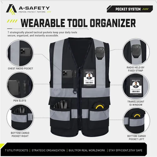Vista 4 de A-SAFETY Chaleco de Seguridad Reflejante de Alta Visibilidad con Logo Personalizado (XS-8XL)