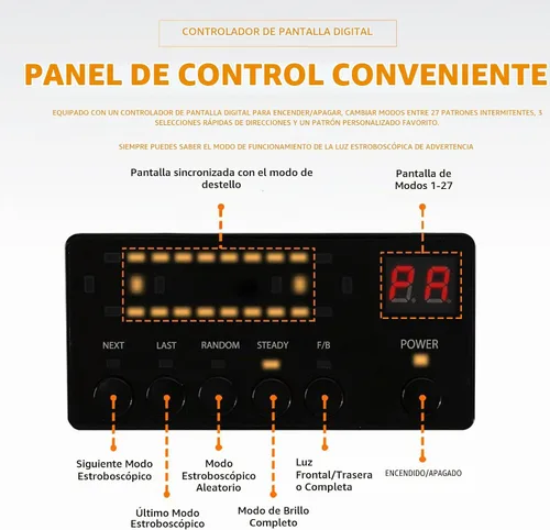 Vista 5 de Barra de Luces Estroboscópicas de Emergencia para Asesor de Tráfico de Techo de 45 Pulgadas, Color Ámbar/Blanco, con Controlador, Luz Intermitente