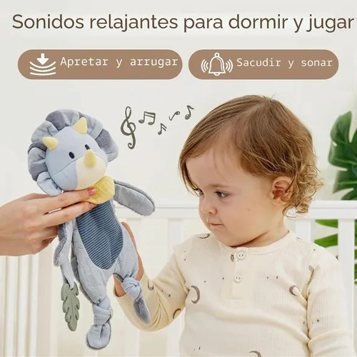 Vista 4 de Moonkie Baby Lovey con mordedor de silicona, manta de seguridad de dinosaurio con cintas texturizadas, juguetes arrugados, terciopelo Minky suave