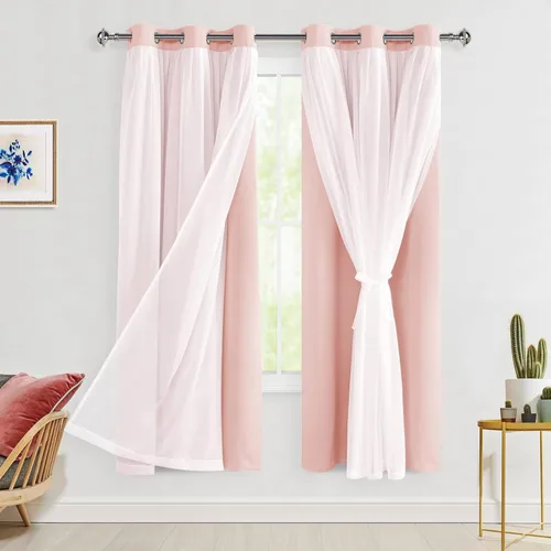 Vista 25 de Hiasan Cortinas opacas con superposición transparente, aislamiento térmico para mezclar y combinar de doble capa, cortinas de oscurecimiento de Beige