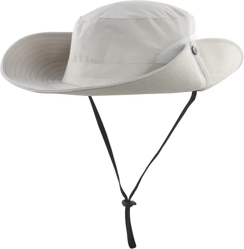 Vista 3 de Sombrero de verano para mujer, ala ancha, protección UV, plegable, para cola de caballo, para playa, pesca, senderismo Beige