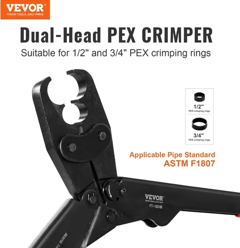 Vista 2 de VEVOR Herramienta de Crimpado PEX, Herramienta de Crimpado PEX Combo de Doble Cabezal para Anillos de Crimpado de Cobre PEX de 1/2" y 3/4
