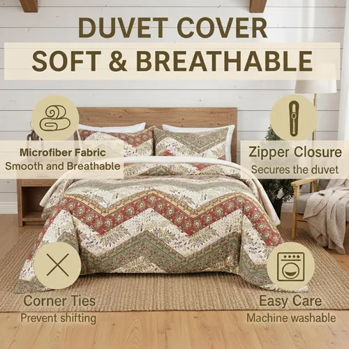 Vista 2 de DaDalogy Bedding - Juego de funda de edredón con estampado floral botánico con fundas de almohada, diseño de cachemira cheurón bohemio, filigrana
