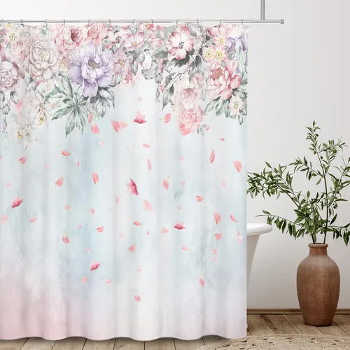 Vista 2 de Tititex Juegos de Cortinas de Ducha de Rosas Lilas Rosadas con Flores, Pétalos Florecientes Ruborizados que Caen, Decorativo de Baño 70x70 Pulgadas