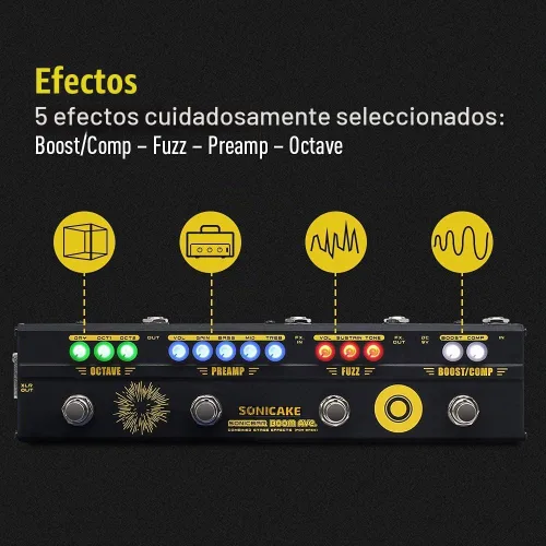 Vista 3 de SONICAKE Pedales de efectos de bajo Multiefecto Preamp Compresor Boost Fuzz Octave Pedal multiefecto Boom Ave con FX Loop
