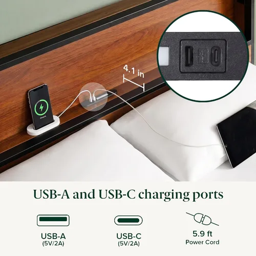 Vista 5 de Zinus Kai - Base de cama de plataforma, cabecero de dos niveles para almacenamiento que ahorra espacio, luces LED RGB con ajuste de estado de ánimo