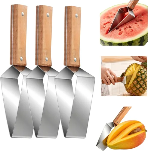 Vista 9 de Cortador de sandía triangular, mango de madera y cortador de melón de acero inoxidable, cortador de frutas para el hogar, cocina, camping, picnic