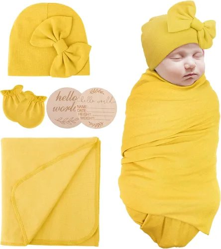 Vista 16 de AQOKKA Manta de Recepción para Recién Nacido con Gorro de Lazo Mitones Juego de Tarjetas de Madera para Recién Nacidos Niños Pequeños Bebé Niño Niña