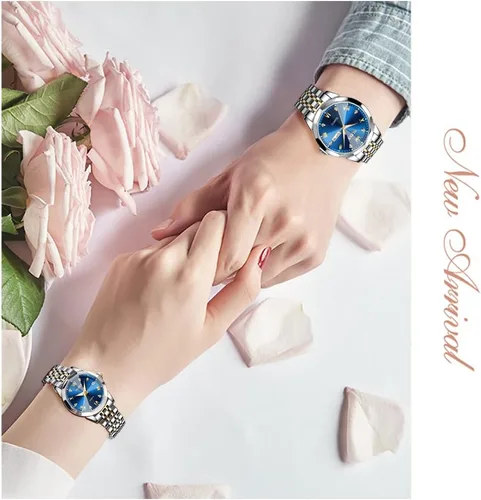 Vista 40 de OLEVS Reloj para parejas para él y ella, reloj analógico de cuarzo para hombres y mujeres, de acero inoxidable, impermeable, luminoso, fecha, reloj
