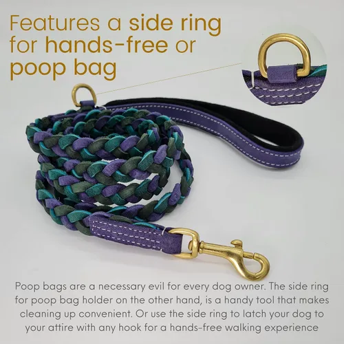 Vista 2 de Blazing Paws Vibrania Correa corta de piel envejecida súper suave y gruesa de 4 pies de ancho con anillo lateral, trenzado completo, para perros