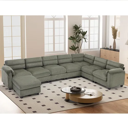 Vista 69 de HAOMARKETS Sofá esquinero modular en forma de L de 115 pulgadas con 2 otomanas móviles, sofás de pana de 8 plazas con cojín grueso para sala de Beige