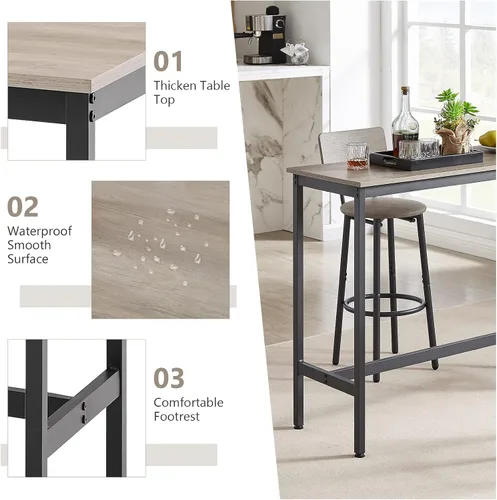 Vista 4 de Juego de mesa y silla de bar industrial para 2 mesas y taburetes de altura de mostrador con respaldo, mesa de comedor rectangular, juego de 3