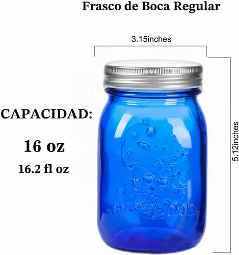 Vista 2 de Amzcku Tarros azules de 16 onzas con tapas, tarro de conservas de boca regular, paquete de 6 recipientes de vidrio multifuncionales