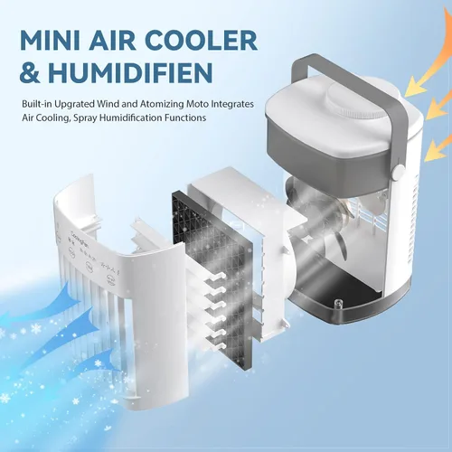 Vista 3 de Aire acondicionado portátil, enfriador de aire evaporativo personal con 4 velocidades de viento y luz LED, relleno superior de 23.7 fl oz, mini aire