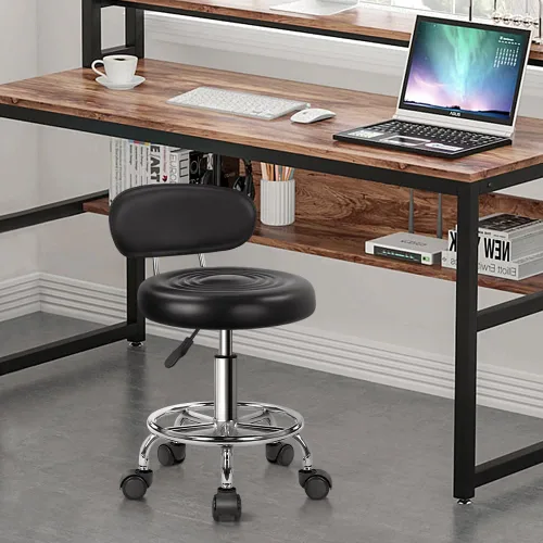Vista 2 de KKTONER - Taburete rodante moderno de cuero sintético con respaldo bajo, altura ajustable, silla de trabajo para salón, diseño para dibujo, Negro