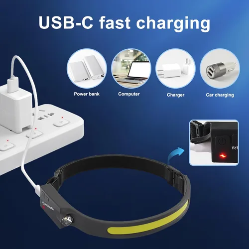 Vista 8 de Linterna frontal LED recargable de 230° de haz ancho, lámpara de cabeza ligera USB-C, larga duración, resistente al agua para campamento
