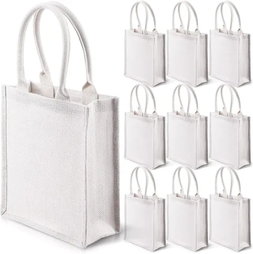 Vista 9 de 10 bolsas de arpillera con asas, bolsa de regalo de yute, impermeables, reutilizables, en blanco, para bricolaje, boda, dama de honor, compras