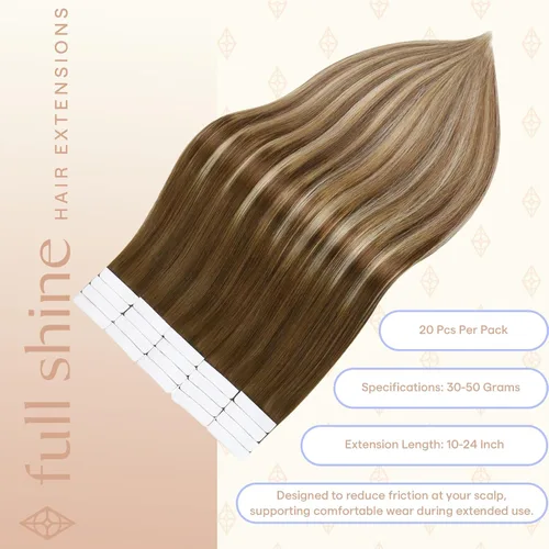 Vista 85 de Full Shine - Extensiones de cabello humano con cinta, mezcla de rubio hongo # 8 castaño ceniza resaltado 60 rubio ceniza