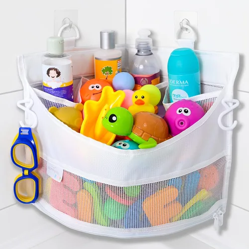 Vista 5 de 2 x Mesh, Organizador de juguetes para baño + 6 ganchos fuertes, bolsas de red perfecta para juguetes para la tina, Estas bolsas organizadoras