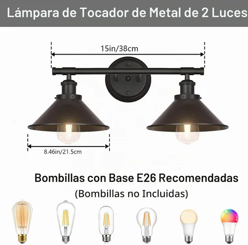 Vista 2 de Licperron Aplique de pared negro de 2 luces, aplique de pared de baño de granja sobre el espejo, luces industriales rústicas de tocador de baño