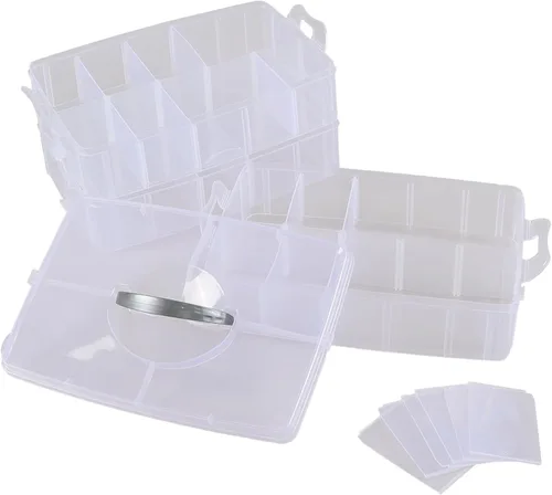 Vista 7 de Caja de almacenamiento apilable de 3 capas con 30 rejillas, caja organizadora de compartimentos transparentes para cuentas, cinta, tornillos