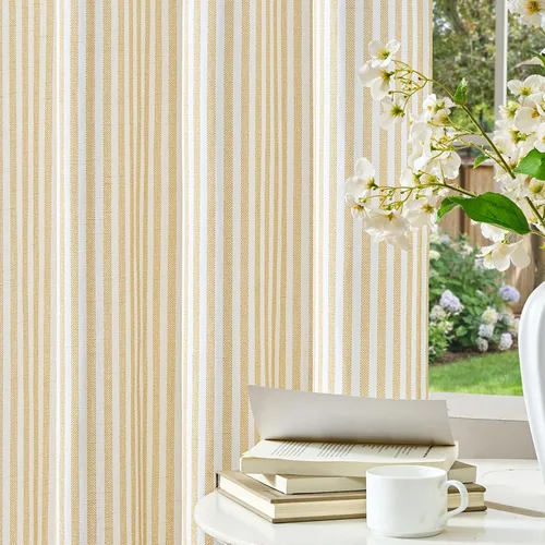 Vista 16 de Cortinas de cocina estilo granja a rayas Vangao de 24 pulgadas de largo, cortinas de lino para café, cortinas de nivel con rayas, cortinas Boxter