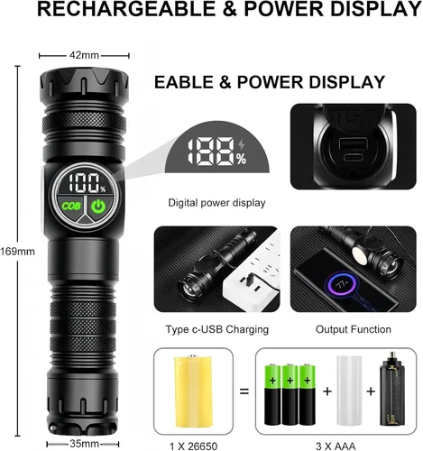 Vista 7 de iodoo Linterna recargable 3 en 1 de 5000 lúmenes, luz fuerte para exteriores de mazorca, haz de zoom de 5000 mAh, luz de flash LED con imán de falla