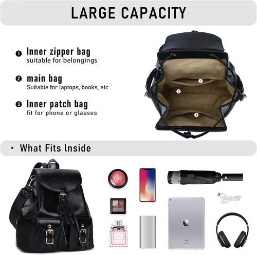Vista 5 de Chillo - Mochila grande de cuero vegano para mujer, diseño multiusos, con cordón, Negro -, Mochilas de mochila
