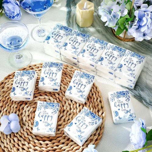 Vista 2 de Spiareal 50 pañuelos azules con diseño de lágrimas felices para boda, 3 capas para tus lágrimas felices, pañuelos de boda para invitados, papel