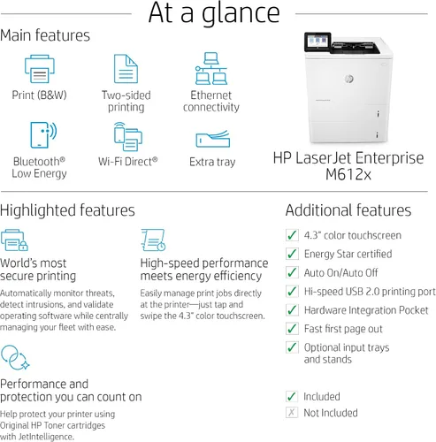 Vista 2 de HP LaserJet Enterprise M612x Impresora monocromática con Ethernet integrado, impresión de 2 caras y bandeja de papel adicional (7PS87A), color blanco