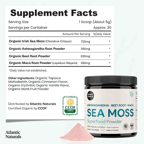 Vista 6 de Atlantic Naturals Superfood Mezcla de polvo de musgo marino orgánico con Ashwagandha, raíz de maca y raíz de remolacha Ideal para piel sana