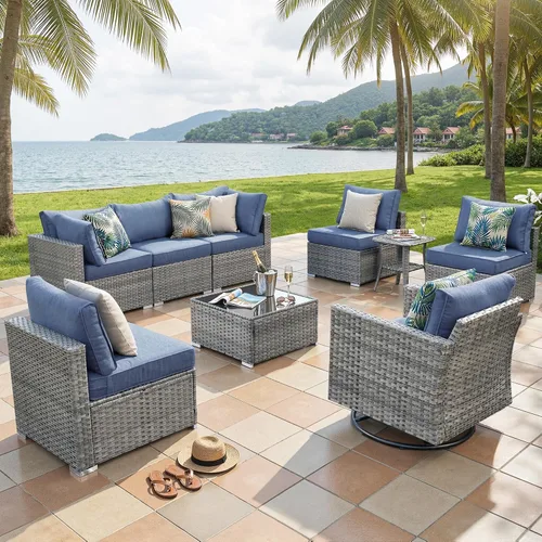 Vista 31 de ovios Juego de muebles de patio al aire libre de 5 piezas con mesa de café, conjunto seccional de muebles de patio con sofá de mimbre para todo tipo