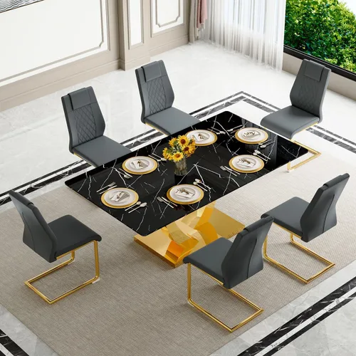 Vista 17 de Juego de mesa de comedor negra para 4, 63 x 35.4 x 30 pulgadas, mesa de comedor moderna rectangular con patas y base de acero inoxidable, sillas