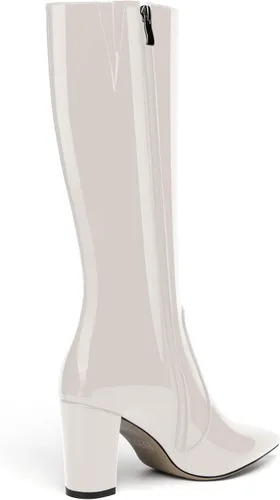 Vista 194 de AMBELIGHT Botas altas hasta la rodilla con cremallera y puntera puntiaguda para mujer, de patente sólida, tacón alto, 3.3 pulgadas