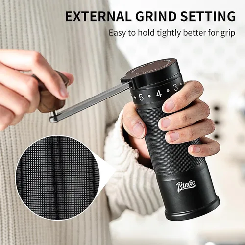 Vista 3 de Bincoo Molinillo de café manual con mango plegable manual – Molinillo de café expreso, compacto y portátil para el hogar, viajes, camping (negro)