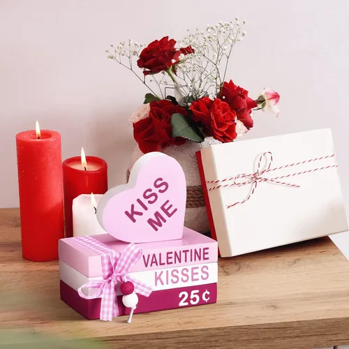 Vista 4 de 4 piezas de madera para el día de San Valentín, mini libros de corazón de San Valentín, letreros de mesa, decoración de bandeja escalonada de San