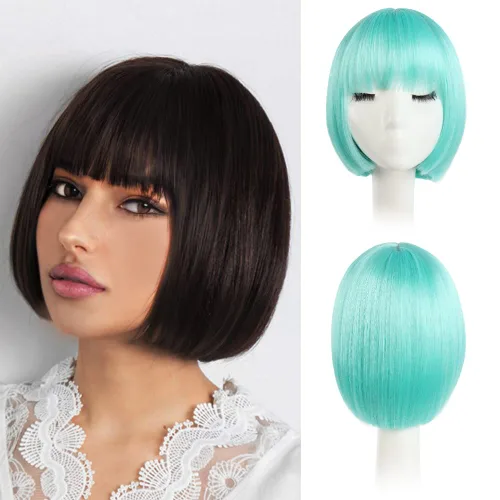 Vista 53 de Pelucas Bob con flequillo, peluca de cabello castaño rojizo de 10 Caoba