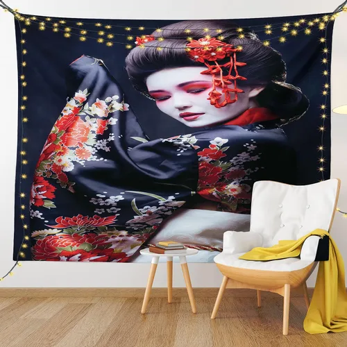Vista 9 de Lunarable Tapiz japonés, Geisha joven en kimono con maquillaje oriental tradicional de Sakura, decoración de tela para colgar en la pared