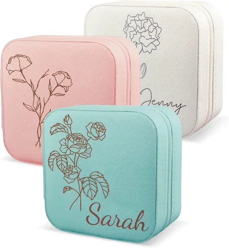 Vista 8 de Joyero personalizado para mujer, joyero de viaje personalizado con nombre, organizador de joyas de viaje para anillos, aretes, collares, regalos