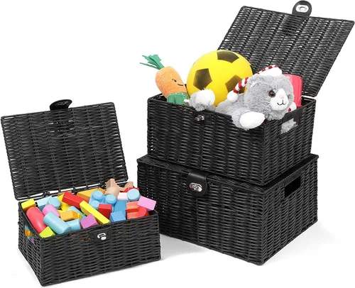 Vista 4 de Honygebia - Canastas de almacenamiento de mimbre negro - Juego de 3 cajas decorativas anidadas con tapas, canasta tejida con cerradura y asa