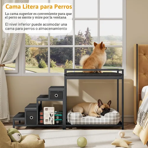 Vista 4 de kepptory Litera para mascotas con escaleras y almacenamiento, camas para perros fijadas a la cama humana, cuna para perros y gatos pequeños, Negro
