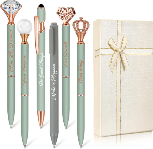 Vista 14 de Qeeenar 6 bolígrafos elegantes para mujer, bolígrafo de diamantes de cristal para diario, bonito bolígrafo con purpurina con caja, regalos Negro