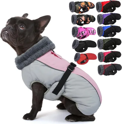 Vista 29 de IECOii - Abrigo extracálido para perro, chaqueta reflectante ajustable, invernal, suave, cuello alto, hebilla, forro de vellón, para clima frío