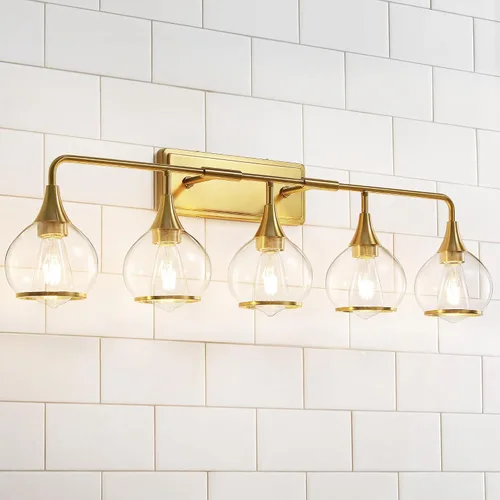 Vista 18 de Accesorios de iluminación de baño en oro cepillado, luces de tocador de 2 luces con pantalla de vidrio esmerilado blanco lechoso, lámpara de tocador
