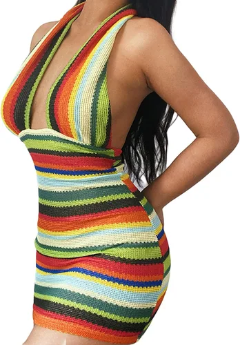 Vista 4 de Vestido de mujer sexy con cruz halter flaco para verano a la moda a rayas sin espalda de punto mini vestido club fiesta Streetwear