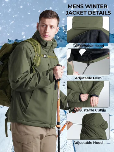 Vista 4 de Men's Winter Insulated Coat Warm Water Resistant Skiing Parka Jacket Fleece Lined Detachable Hood 7 Pockets Work Coat