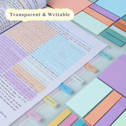 Vista 3 de Temiary 500 hojas de notas adhesivas transparentes de color macarrón de 3 x 3 pulgadas, impermeables Bloc de notas transparente, pestañas de libro