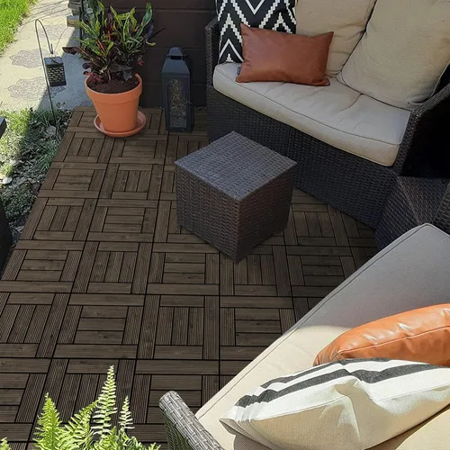 Vista 9 de Yaheetech 27 azulejos de madera para terrazas de patio, azulejos entrelazados para patio, madera maciza y plástico para interiores y exteriores, 12