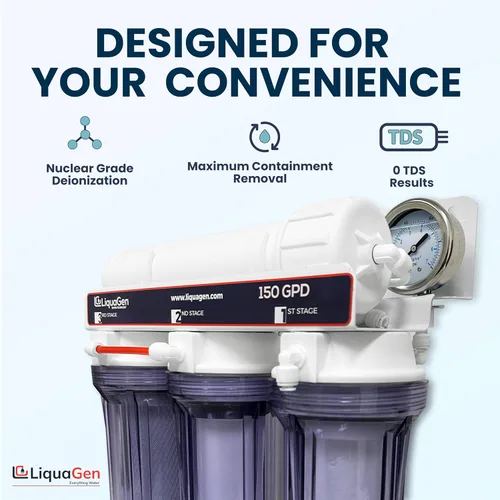 Vista 6 de LiquaGen - Sistema de filtración de agua de ósmosis inversa y desionización (RODI) Super Flow Manómetro con válvula de flotador Medidor digital